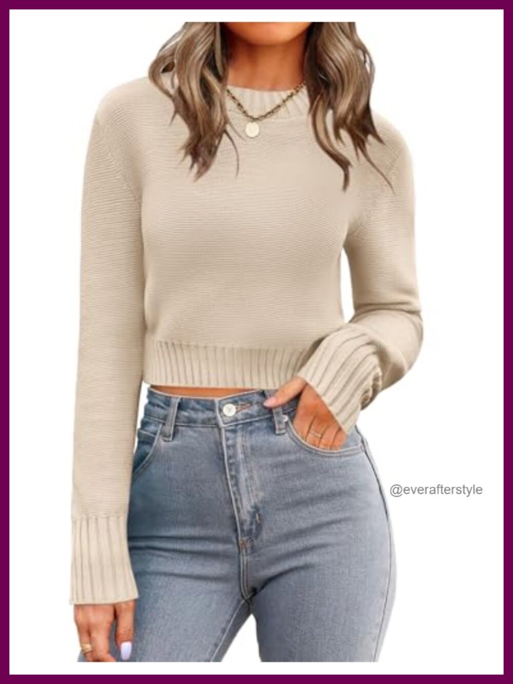 Women's Crewneck Cropped Sweater Long Sleeve Ribbed Knit Pullover